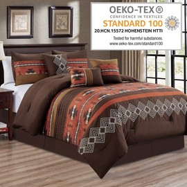 WPM WORLD PRODUCTS MART 7 Piece Western Southwestern Native American Design Comforter Set Multicolor Coffee Brown Embroidered King Size Bed in a Bag Navajo Bedding Set- Makala (Spice Brick, King)