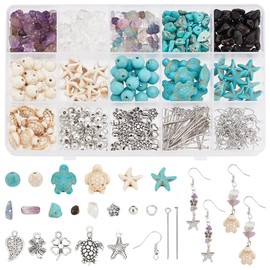 PH PandaHall 278pcs Turquoise Turtle Beads Ocean Charms Jewellery Making Kit 50g Gemstone Chip Beads Starfish Shell Beads Pendant for Beach Necklace Bracelet Anklet Making