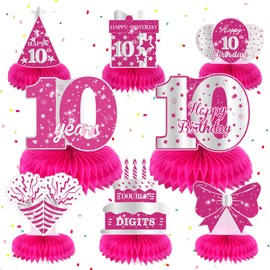 8Pcs Hot Pink 10th Birthday Party Decorations Girls Happy 10th Birthday Table Honeycomb Centerpieces for Table Decor Pink 10th Birthday Table Decorations Topper for Gilrs 10th Party Supplies