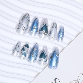 24Pcs Blue Almond Press on Nails Medium Bow Fake Nails with 3D Pearl Butterfly Heart Rhinestones Design Gradient Blue Glue on Nails Y2K Heart Star Acrylic Nails Bows False Nails for Women