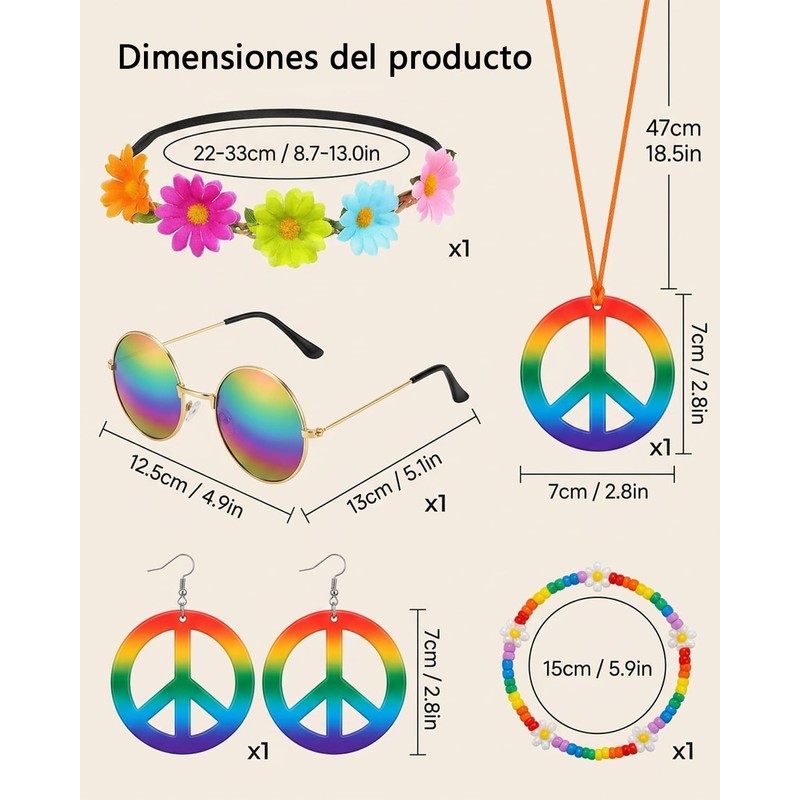 Disfraz de los 80 mujer – Set 6 piezas hippie