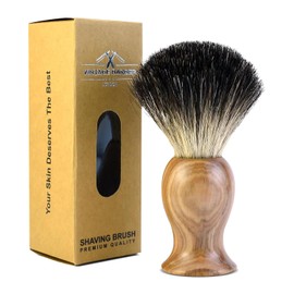 100% Pure Badger Hair Shaving Brush | Handmade Wood Shaving Brush | For All Skin Types | Personal and Professional Hair Salon Tool | Wet Shaving | VINTAGE BARBER LONDON (Olive Wood)