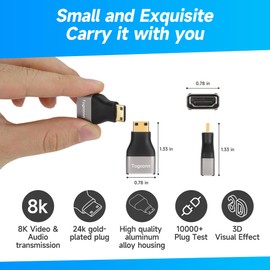 8K Mini HDMI to HDMI Adapter (2 Pack), HDMI Female to Mini HDMI Male HDMI 2.1 Bidirectional Connector, Gold-Plated Plugs, Supports 8K@60Hz,4K@120Hz, HDR 3D, for Raspberry Pi Zero, Camera, Monitor