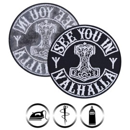 SEE YOU IN VALHALLA Viking Sew-On Patches Vikings Valhalla Iron-On Transfers Nordic Drawing Thor's Hammer Mjölnir Patch for Sew-On/Sew-On Viking Applique for All Fabrics 90 x 90 mm