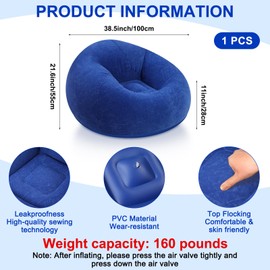 Realspring Inflatable Bean Bag Chairs for Adult Blow up Chairs Lazy Sofa Folding Portable Inflatable Chair for Movie Outdoor Room Bedroom Reading Camping(Blue)