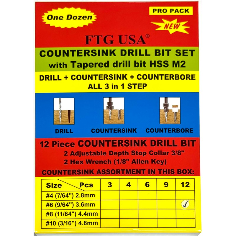 FTG USA 12 Pc #6 (9/64") Countersink Drill Bit Set
