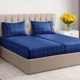 5 Piece Grid Sheets for Split King Size Bed – Flat Sheet 108 x 102, 2 Fitted Sheets 39 x 80 and 2 Pillowcases 20 x 40 – Deep Pocket, Ultra-Soft, Blue and White Grid Bed Sheets – Oeko-TEX Bed Sheet Set