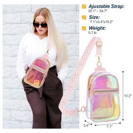 PACKISM Clear Iridescent Sling Bag for Concert, Holographic Crossbody Bag for Stadium Events Festival Shiny Neon Reflective Bag, Pink