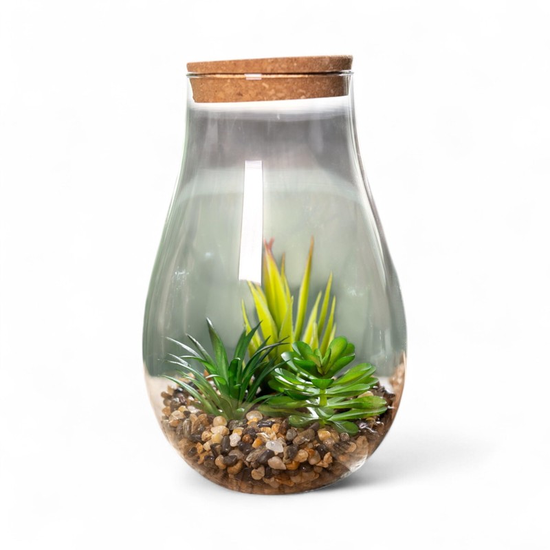 Artificial Succulent Mix in Glass with Lid 13 x 22
