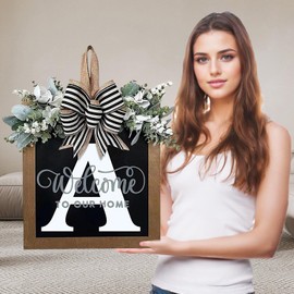 Ultra Large 14'' Last Name All Year Round Front Door Wreath with 26 Initial Letter Welcome Sign All Seasons Eucalyptus Garland and Bow Wreaths for Front Door Porch Farmhouse Decoration (A)