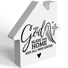 Housewarming Gifts,New Home Wood Block Sign,Christian Decor for Friends Neighbors Family,House Shaped Home Decor for New Home Desk Table Shelf