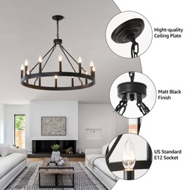 TESTOYS Wagon Wheel Chandelier Farmhouse 32-Inch, 12-Light Modern Black Chandelier for Dining Room, Round Iron Industrial Chandeliers Light Fixture for Living Room, Foyer, Entryway, E12