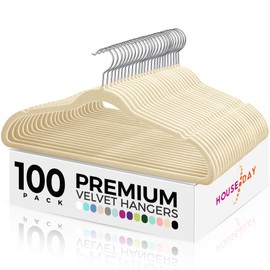 HOUSE DAY Premium Velvet Hangers, Non-Slip Thin Flocked Felt Hangers, Sturdy Clothes Hangers Heavy Duty Coat Hangers & Suit Hangers, Durable Suit Hangers for Closet Space Saving (100 Pack, Beige)