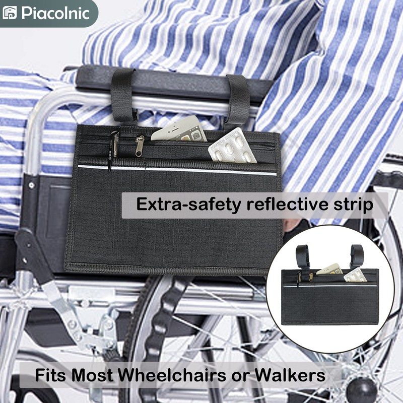Wheelchair Side Organizer Storage Bag, Waterproof Armrest Pouch with Cup