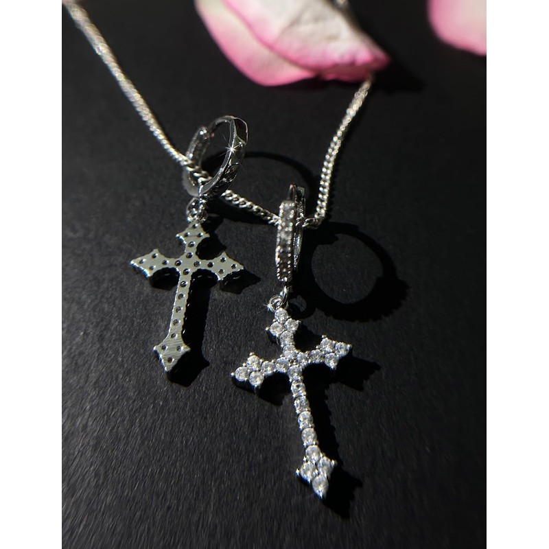 Generic Cross Earrings, Silver Dangle Hoop, Huggie, CZ Stones