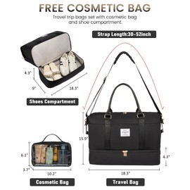 LOVEVOOK Travel Bags for Women, Weekend Overnight Hospital Maternity Duffel Gym Bag with Shoe Compartment & Toiletry Bag, Large Waterproof Ladies Holdall Carry On Bag, Black