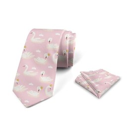 Ambesonne Swans Men's Tie Set, Repetitive Aquatic Royalty Bird with a Crown, Necktie Set Groom Handkerchief for Parties Weddings & All Occasions, Pale Pink Cream