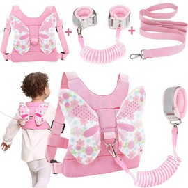 XFLYP Baby Reins, 3 in 1 Anti-Lost Toddler Reins with Lock and 1.5m Bungee Straps Link, Child & Toddler Safety Walking Harness with Butterfly Wings, Toddler Reins for Walking 1-3 Years(Pink)