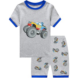 Boys' Short Excavator Pyjamas, Two-Piece Cotton, Children's Summer Short Dinosaur Tractor Pyjamas, 92 98 104 110 116 122, monster truck