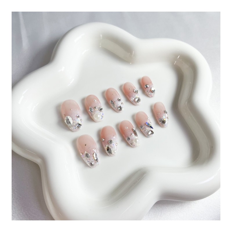 [Handmade Nail Tips] Stone Gradient Wedding Nails - Coffin (Long)