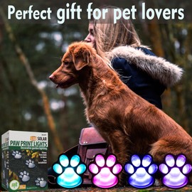 Paw Print Lights for Outside Solar & USB Power, 34 Color Changing Outdoor Pet Lights with Remote, Set of 4 Waterproof Dog Cat Paw Print Keepsake for Garden Pathway Patio Decor - Gift for Pets Lovers