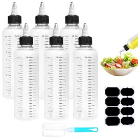 Amentalove 6PCS 250ml Squeezy Bottles with Nozzles, 8oz Squeezy Bottles with Scale, Sauce Bottle, Plastic Squeeze Bottle, Clear Condiment bottles with Labels Brush for Sauce Oil Ketchup DIY Crafts