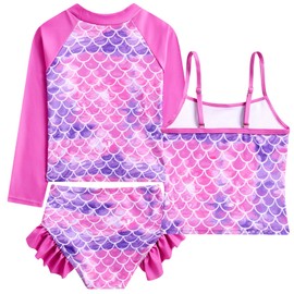 Funnycokid Girls Swimsuit Size 6 7 Rash Guard 3 Pieces Kids Mermaid Ruffle Tankini Swimwear Long Sleeve Summer UPF50+ Beach Suit