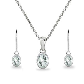 B. BRILLIANT Sterling Silver Light Aquamarine Oval Bezel-Set Dainty Necklace & Leverback Earrings Set for Women