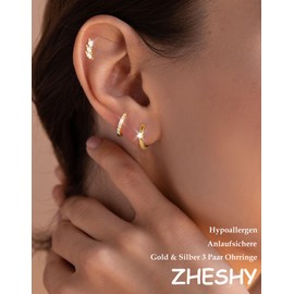 ZHESHY 3 Pairs of Earrings Silver 925/Gold Set for Women 14k Gold-Plated Silver Small Hoop Earrings Hanging Cubic Zirconia Hypoallergenic Golden Stud Earrings for Multiple Piercings Women Girls, Brass