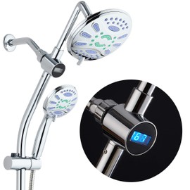 Spa Station 34" Drill-Free Slide Bar with 48-setting Anti-Clog Showerhead Combo & LED Temperature Display / 3-way Rain & Handheld Shower Head - Height Extension Arm - Stainless Steel Hose – Chrome