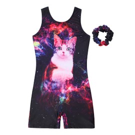 JESKIDS Leotards for Girls Gymnastics with Shorts Dance Biketards Tumbling Matching Hair Scrunchie Astronaut Cat 10~11 Years