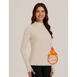 Bonneuitbebe Women's Thermal Shirts Fleece Lined Undershirt Long Sleeve Turtleneck Base Layer Thermal Tops Beige
