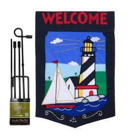 Welcome Lighthouse Garden Flag Stand Kit Wall Hanging Decor for Home Stake Patio Post Embroidered Nautical Decorations Welcome Yard Sign Applique Tapestry Sewing Summer Handcraft Gifts for Grandma