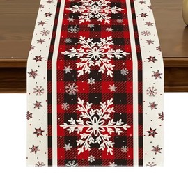 Winter Snowflakes Buffalo Plaid Table Runner 13x72 Inch Seasonal Christmas Kitchen Dining Table Decor for Indoor Outdoor Farmhouse Home Party Decoration ZQ66