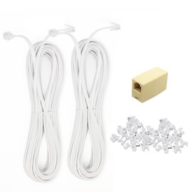 OLIREXD 2PCS 30Ft Phone Extension Cord Male to Male Telephone Flat Cord with Standard RJ11 6P4C Plug and 1 in-Line Coupler 50PCS Cable Clamp Holders