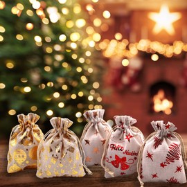 Whiosyrt Gold-stamped Gift Bag for Apples Christmas Bag Drawstring cotton and Linen Christmas Eve and Christmas Candy Bags Mini Storage Bag for Christmas Festive Candy Goody Storage(24pcs)