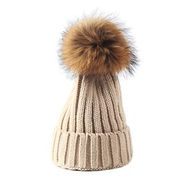 xsby Kids Beanie Pom Pom, Winter Warm Knit Hat Kid Crochet Fur Hairball Beanie Cap Beige 46-51cm