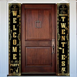 Avezano Roaring 20s Party Decorations - 2 Pack Gold 71"L x 12"W Roaring Twenties Welcome Banner - Jazz/Gatsby/Speakeasy Party Decor - Polyester Fabric