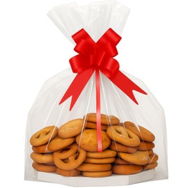 Nuogo 30 Pack 15.8"x 12.6"Flat Bottom Clear Cello Cellophane Treat Bags with Red Pull Bow for Baskets Plastic Goodie Bags for Gift Wrapping, Desserts, Candies, Cookies, Party Favors,Food Storage
