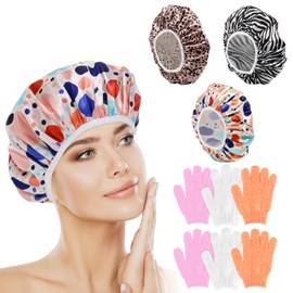 my novel things Shower Cap Reusable Waterproof 3PC with Exfoliating Bath Gloves 3 Pairs, Large Shower Caps for Women Satin Lined Long Hair Locs Curly All Hair