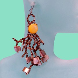 Handmade 3" Yellow Gold Color Bohemian Shell Chips Handmade Dangle Seed Bead Earring