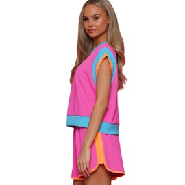 Why Dress Lounge Sets for Women 2 Piece Color Block Short Sleeve Top and Matching Casual Shorts Loose fit Loungewear Tracksuit Set Shorts Set (Fuchsia, Medium)