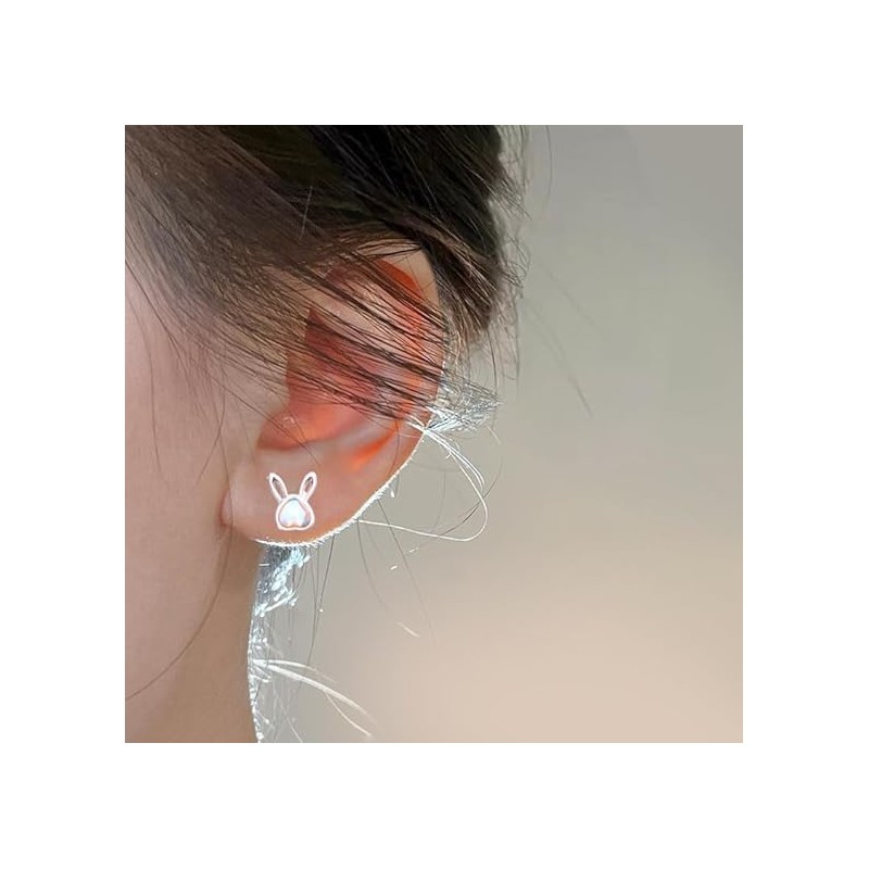 1Pair Silver Bunny Rabbit Stud Earrings for Women Cute Opal