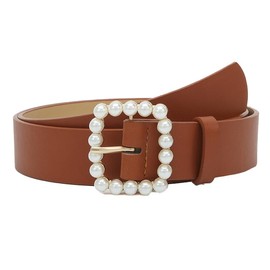 CT COTIM COYIN Women's Elegant Pearl Buckle Leather Belts for Jeans, Dresses, Pants, Camel