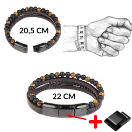 genac Neuf Men's Bracelet Made of 6 mm Natural Stone Beads and Genuine Leather, High-Quality, Multi-Woven Leather with Removable Stainless Steel Magnetic Clasp for Easy Access, Leather