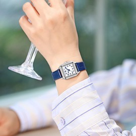 VXFAIZY Dainty Square Watch for Women with Easy Read Arabic Numeral Ladies Dress Watches (Blue Silver)