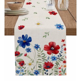 Independence Day Table Runner Red and Blue Flowers Table Runners Farmhouse Rustic Dining Table Decoration for Kitchen Home Banquet Party Wedding 13" x 36"