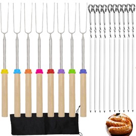 Marshmallow Roasting Sticks,8Pcs Extendable 32inch Long Metal Barbecue Forks with 10 Kebab BBQ Skewers,Hot Dog Camping BBQ Stick Accessories,Smores Sticks for Fire Pit,Camping,Bonfire and Grill