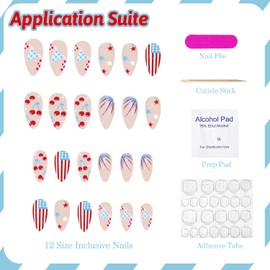 4th of July Press on Nails Medium Almond Patriotic Fake Nails Cute False Nails with Cherry Fireworks American Flag Designs Glossy Glue on Nails Independence Day Acrylic Nails for Women Girls 24Pcs