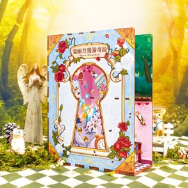 Book Nook Kit Alice in Wonderland Book Nook Kits for Adults, DIY Dollhouse Booknook Miniature Kit Bookshelf Insert Decorative Bookend Model Kits with LED Light/Human Sensor